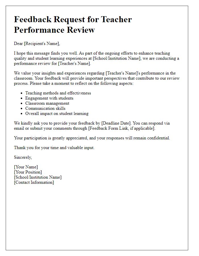 Letter template of feedback solicitation for teacher performance review.