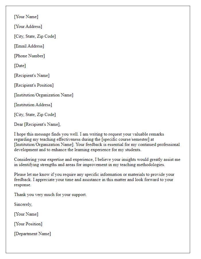 Letter template of request for remarks on teaching effectiveness.