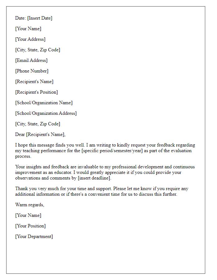 Letter template of request for teacher evaluation feedback.