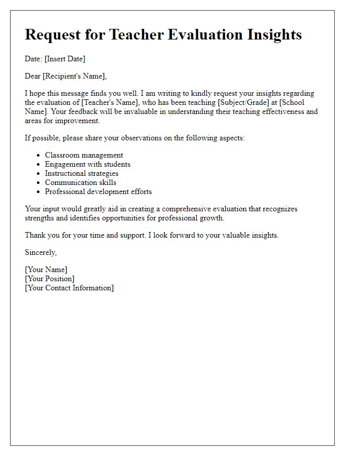 Letter template of teacher evaluation insights request.