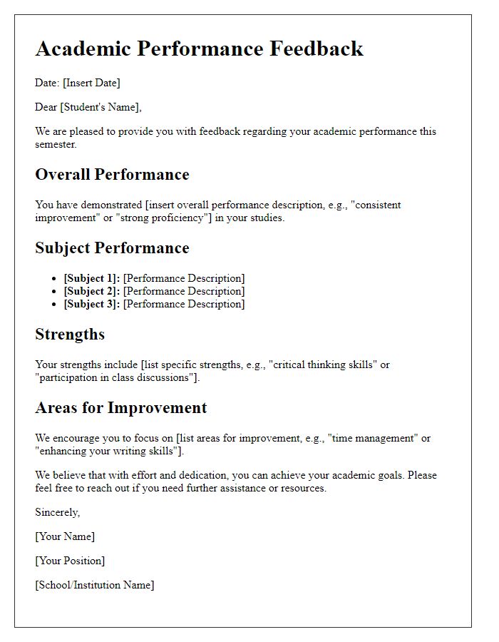 Letter template of academic performance feedback for students.