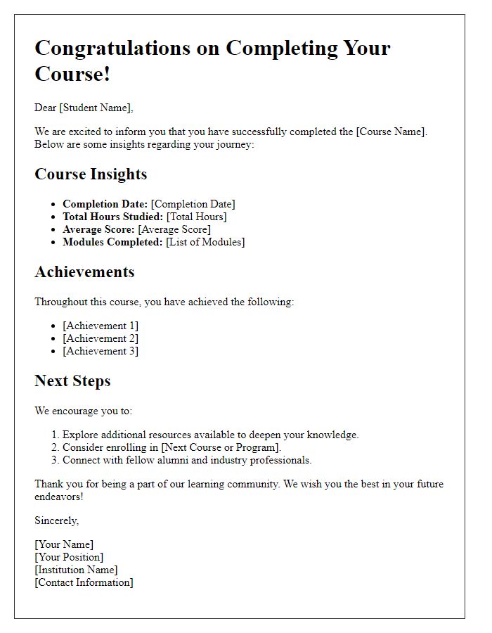 Letter template of course completion insights for students.