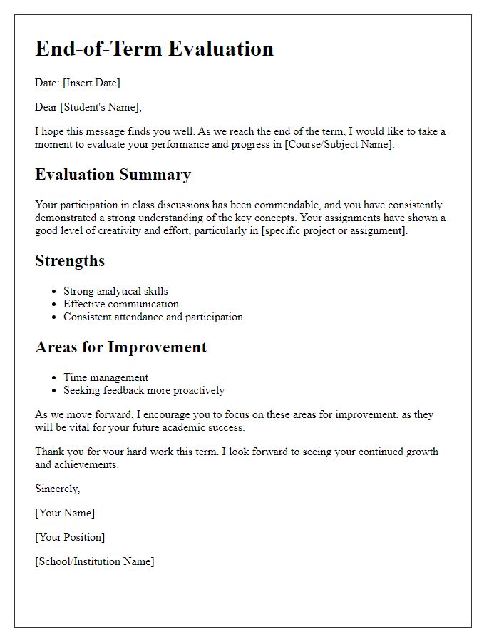 Letter template of end-of-term evaluation for students.