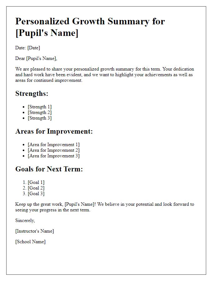 Letter template of personalized growth summary for pupils.