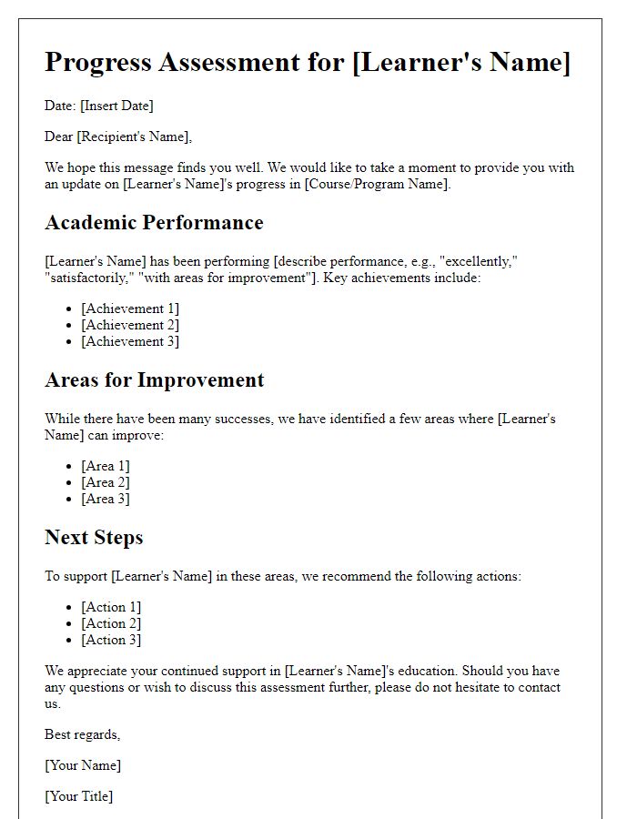 Letter template of progress assessment for learners.