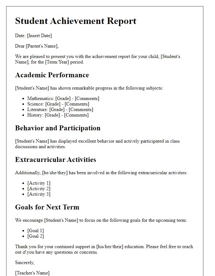 Letter template of student achievement report for parents.