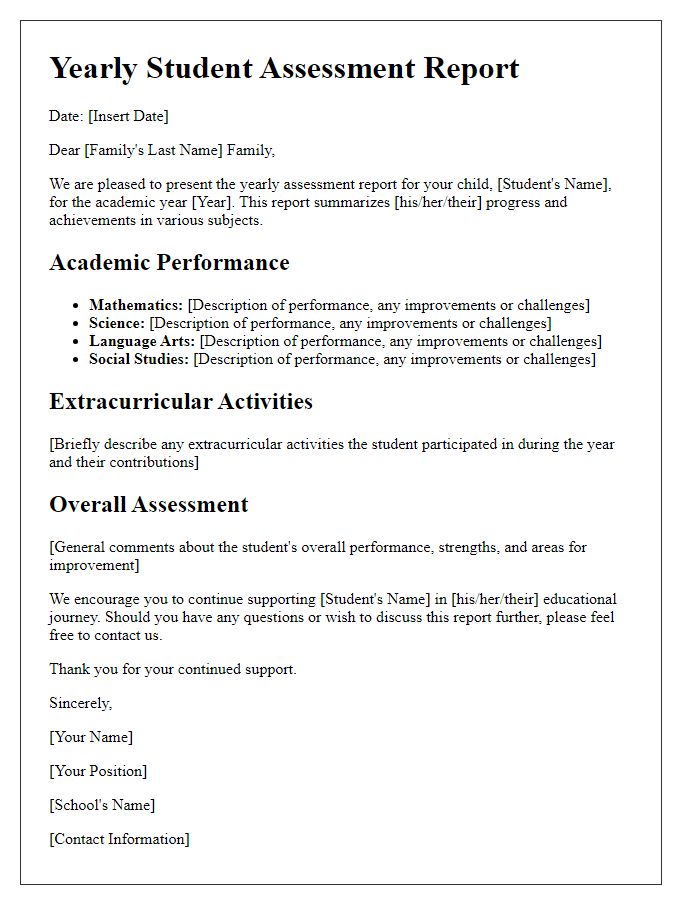 Letter template of yearly student assessment for families.