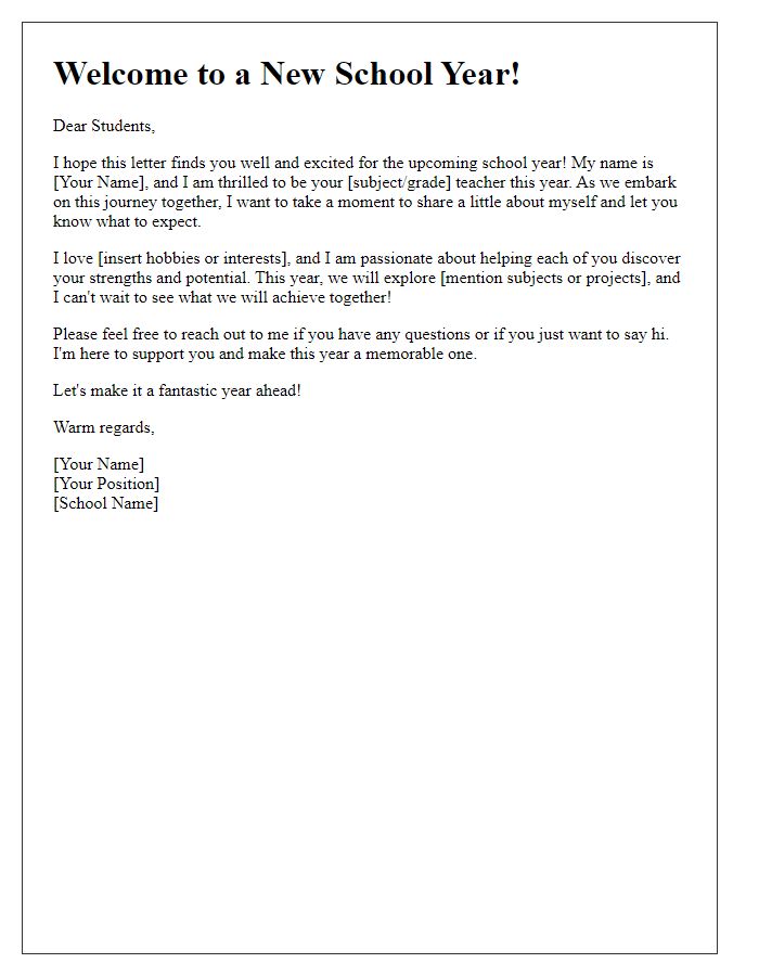 Letter template of Friendly Introduction to Students Entering a New School Year