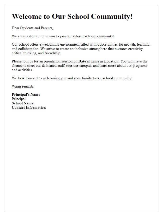 Letter template of Inviting Message for Students Joining Our School Community