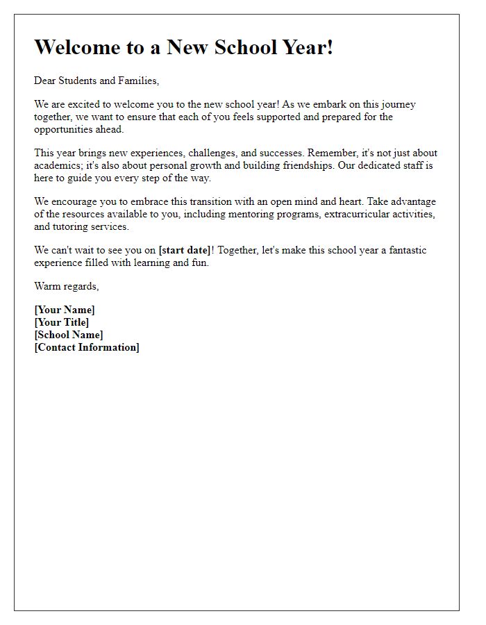 Letter template of Supportive Welcome for Students Transitioning to a New School Year