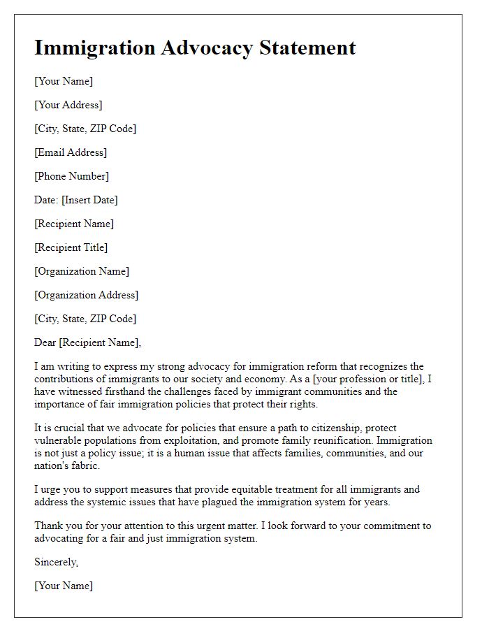 Letter template of immigration advocacy statement