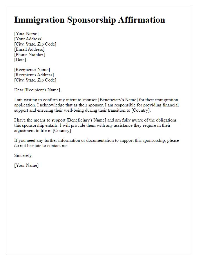 Letter template of immigration sponsorship affirmation