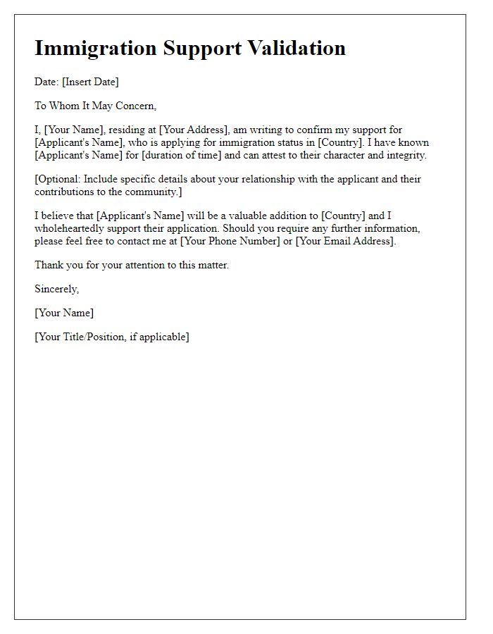 Letter template of immigration support validation