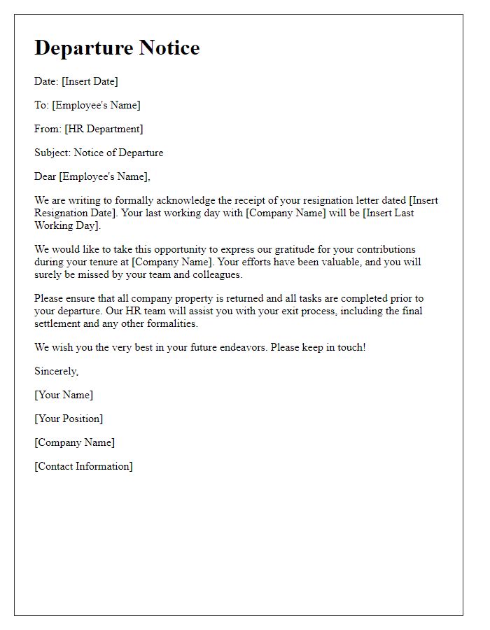 Letter template of departure notice from HR department