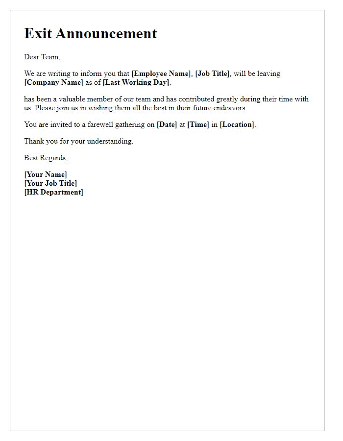 Letter template of exit announcement from HR department