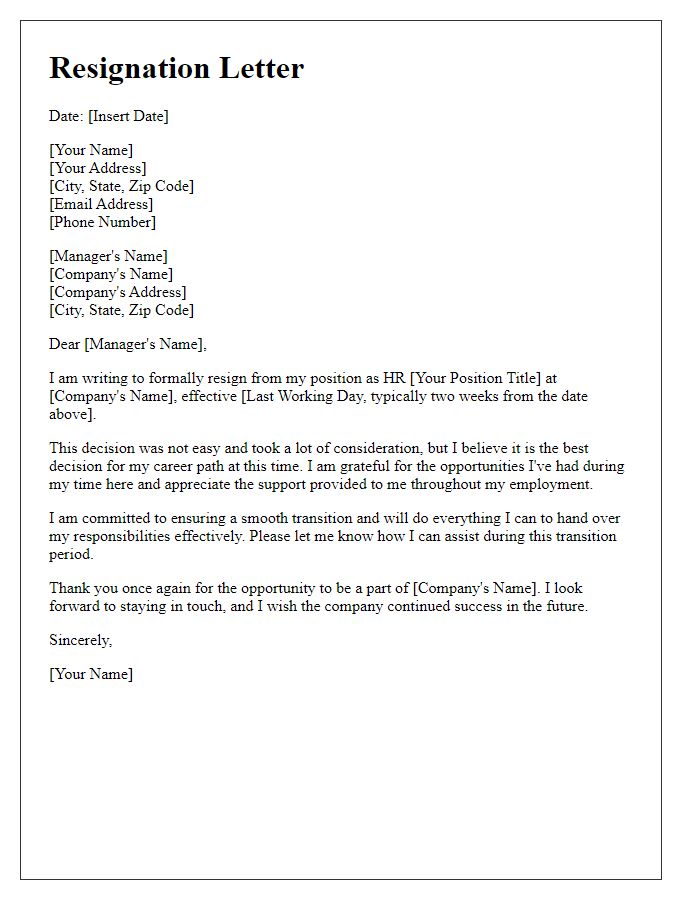 Letter template of notice of resignation for HR position