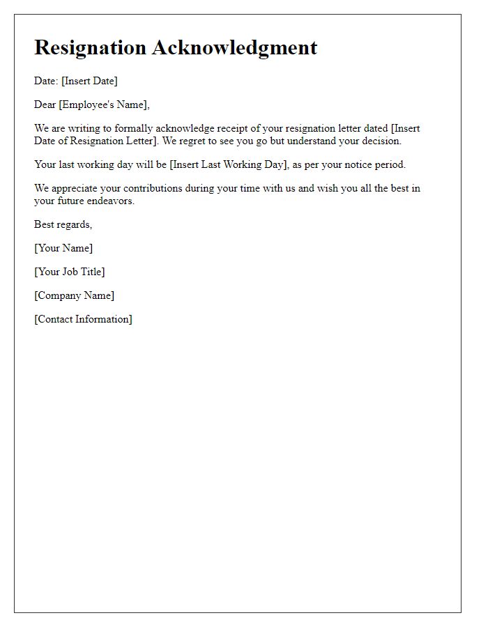 Letter template of resignation acknowledgment from HR role