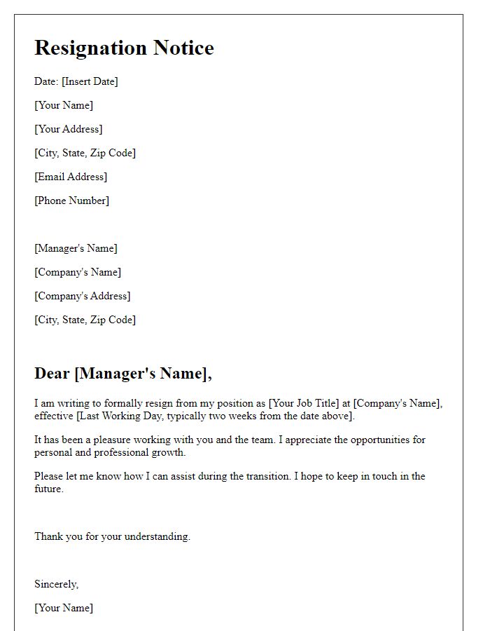 Letter template of resignation notice for HR role