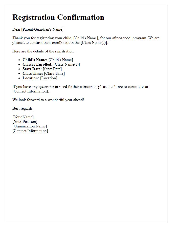 Letter template of after-school class registration confirmation