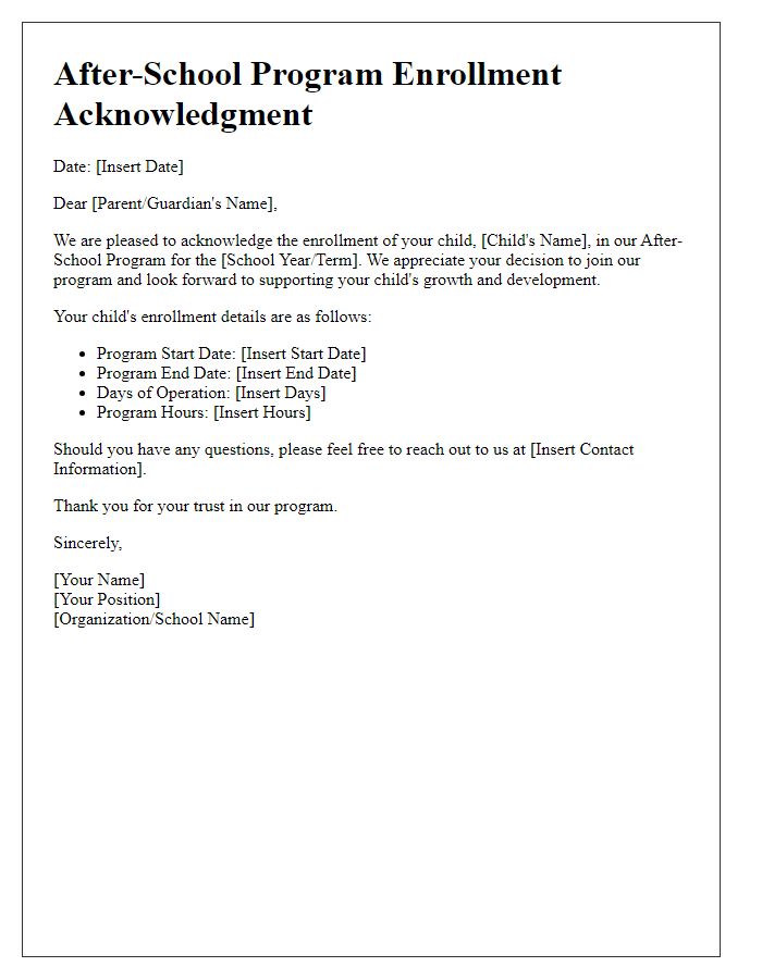 Letter template of after-school program enrollment acknowledgement