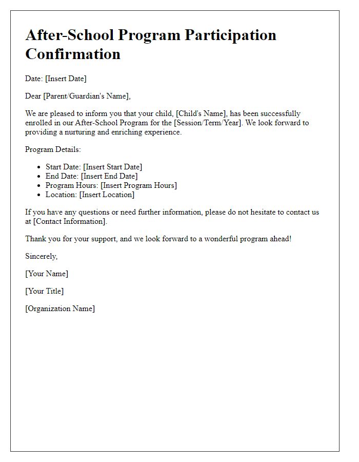 Letter template of after-school program participation confirmation