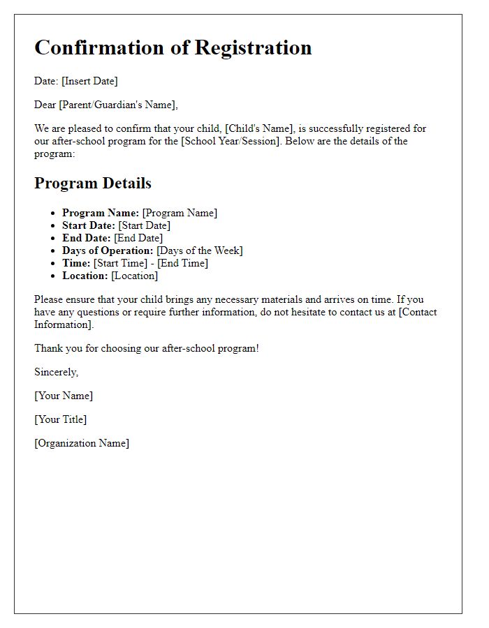 Letter template of confirmation for after-school program registration