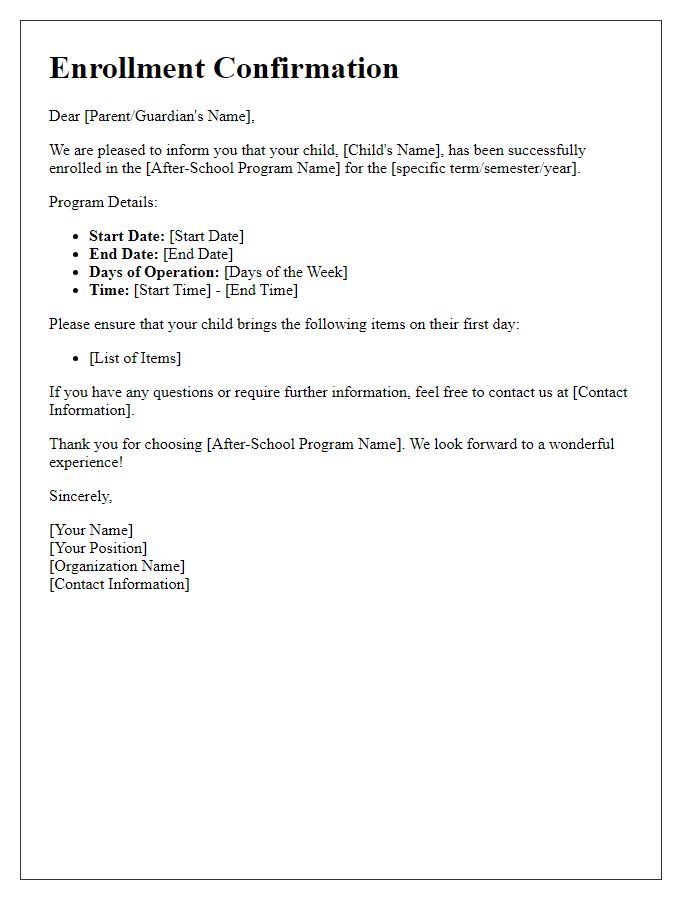 Letter template of confirmation of after-school program enrollment