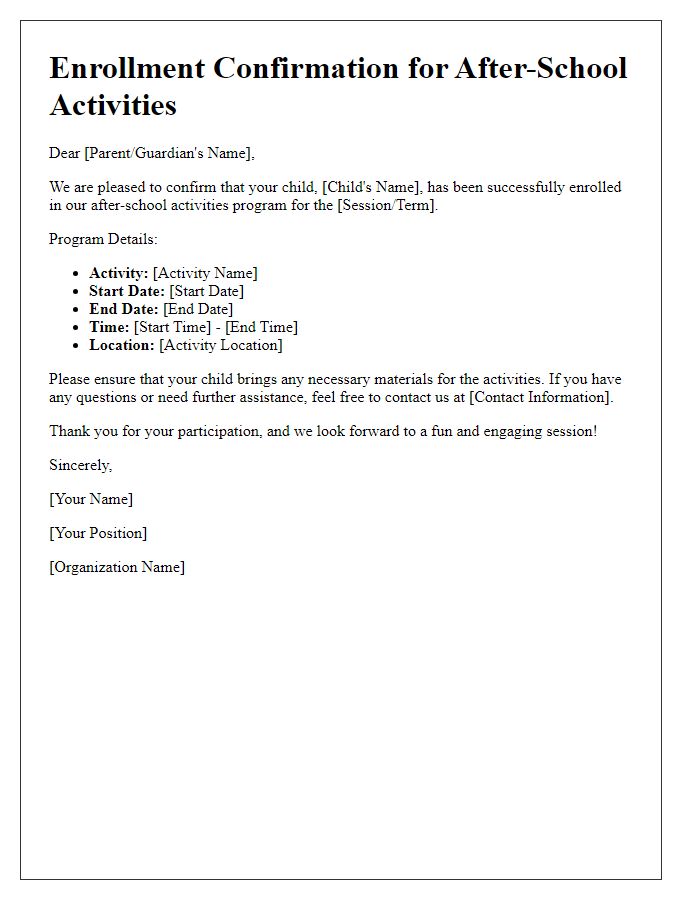 Letter template of enrollment confirmation for after-school activities