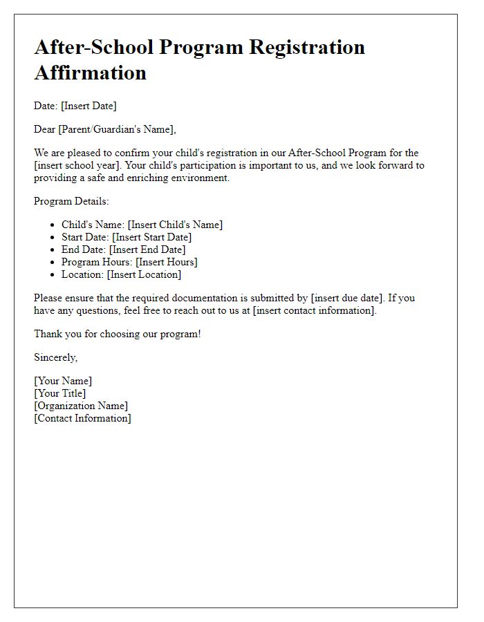 Letter template of registration affirmation for after-school program