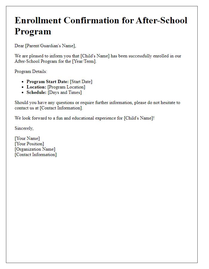 Letter template of successful enrollment for after-school program