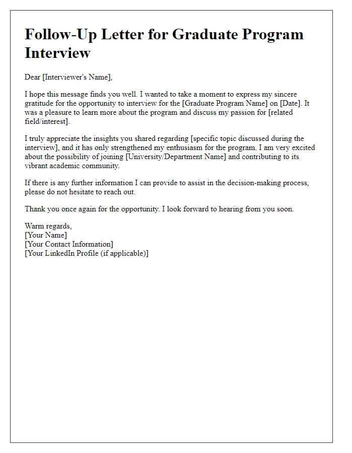 Letter template of follow-up for graduate program interview