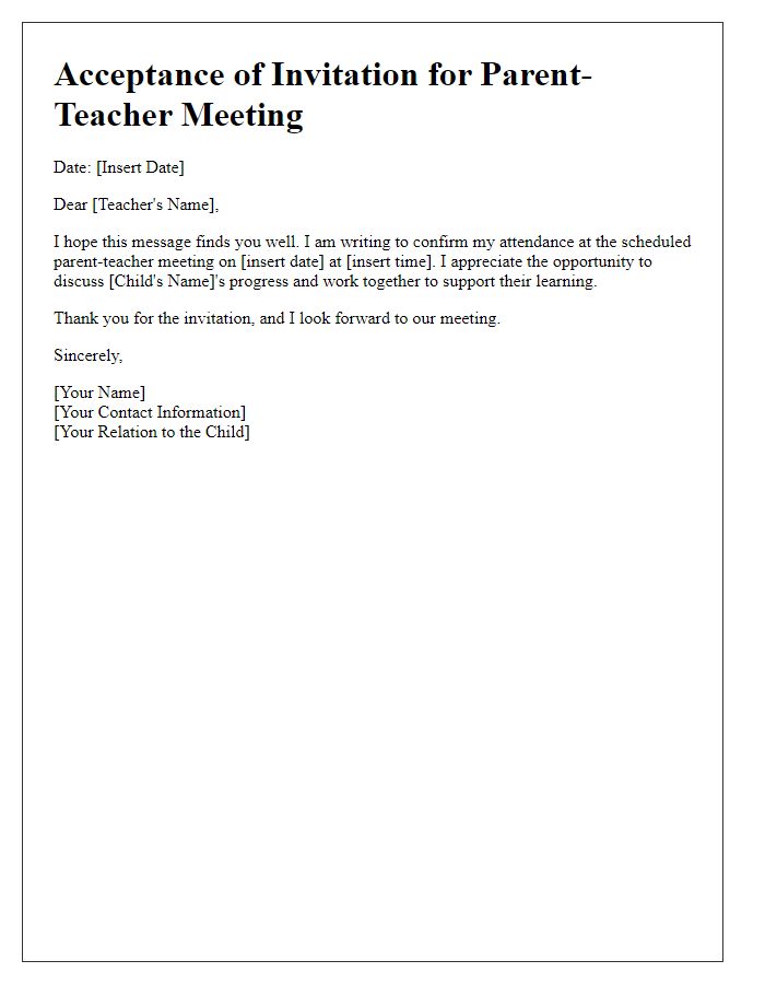 Letter template of acceptance for scheduled parent-teacher meeting