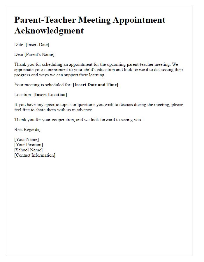 Letter template of acknowledgment for parent-teacher meeting appointment