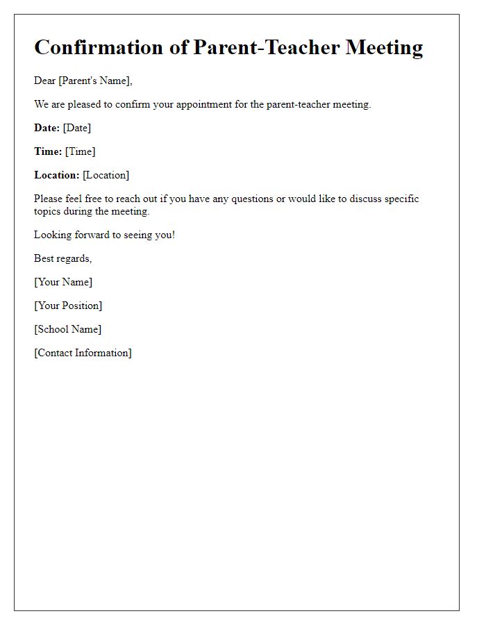 Letter template of confirmation for parent-teacher meeting schedule