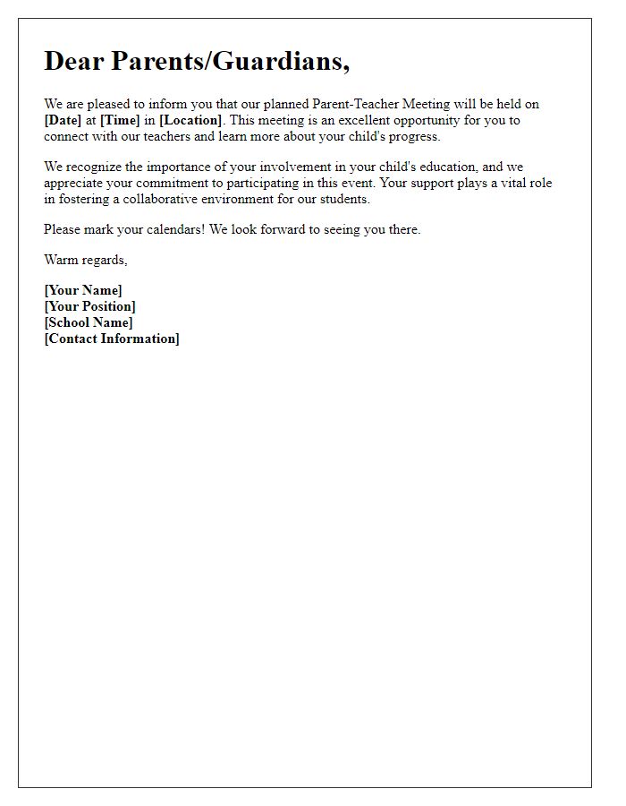 Letter template of recognition for planned parent-teacher meeting