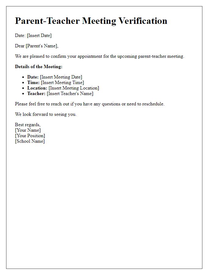 Letter template of verification for parent-teacher meeting arrangement