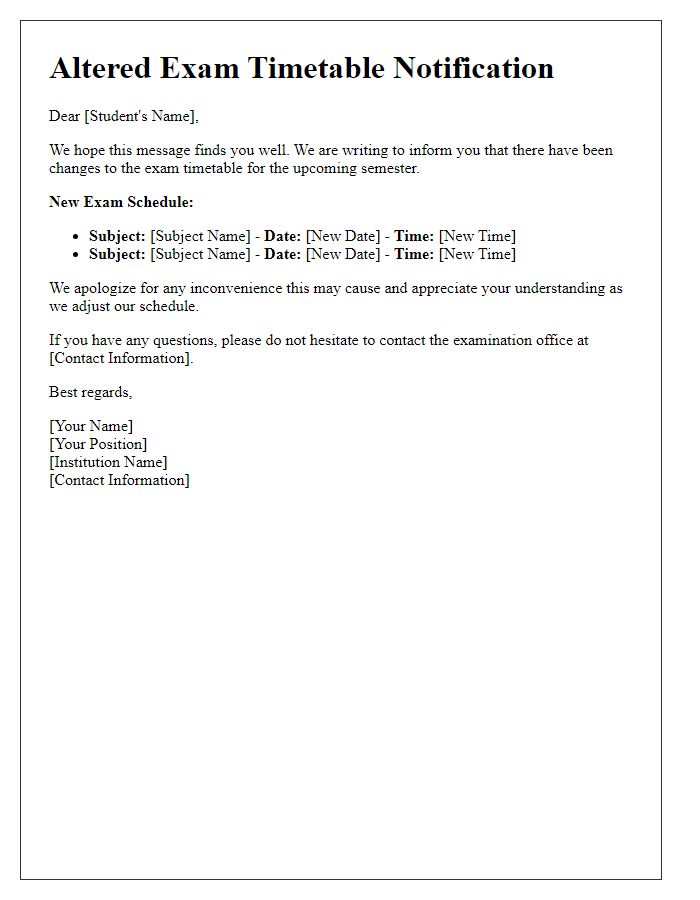 Letter template of altered exam timetable alert