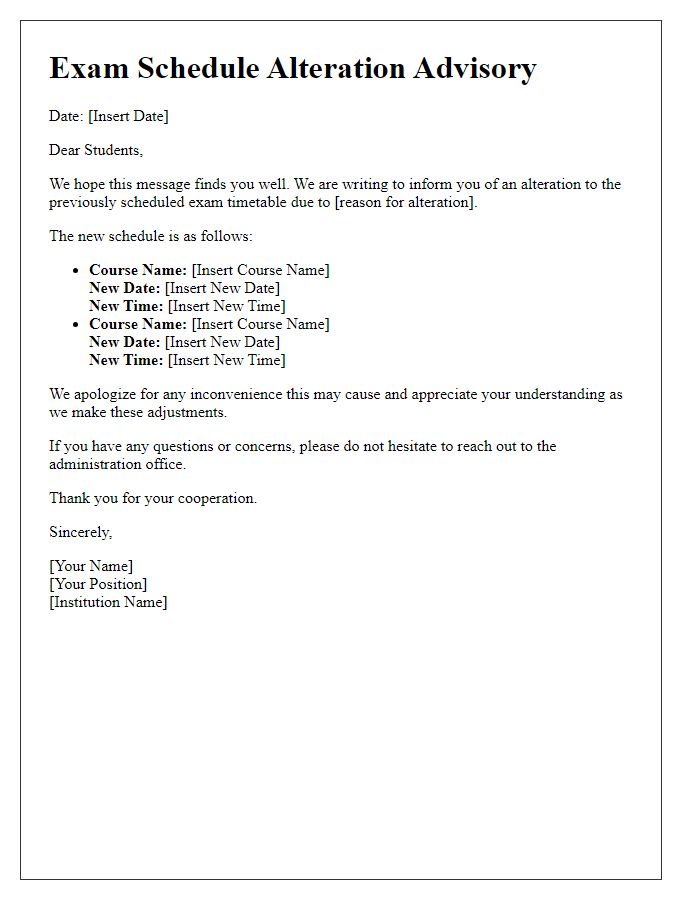 Letter template of exam schedule alteration advisory