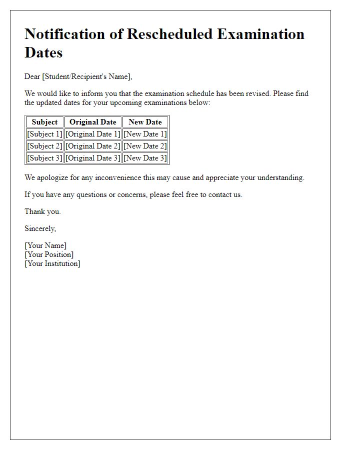 Letter template of rescheduled examination dates information