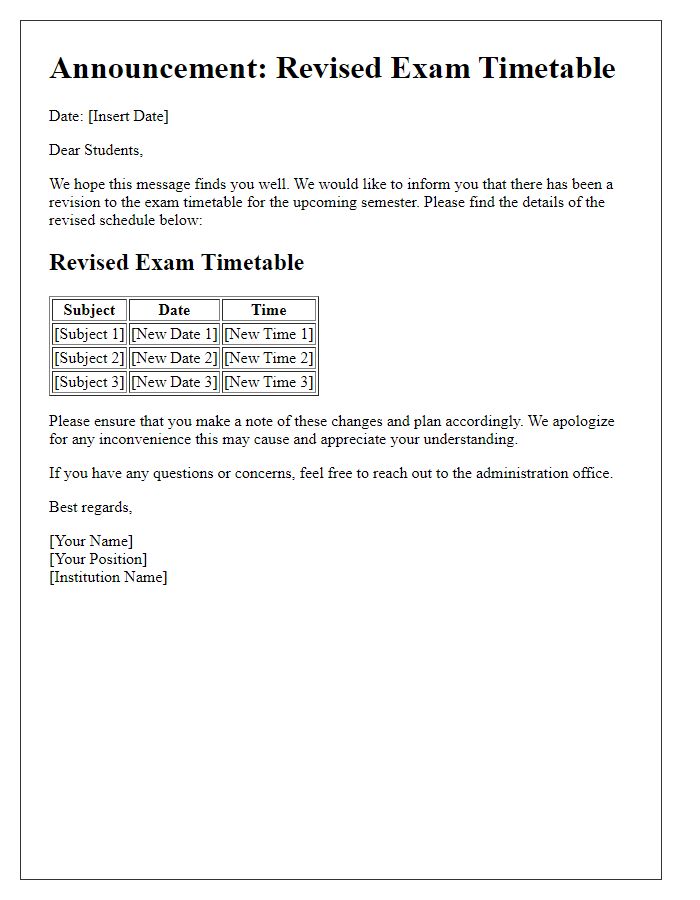 Letter template of revised exam timetable announcement