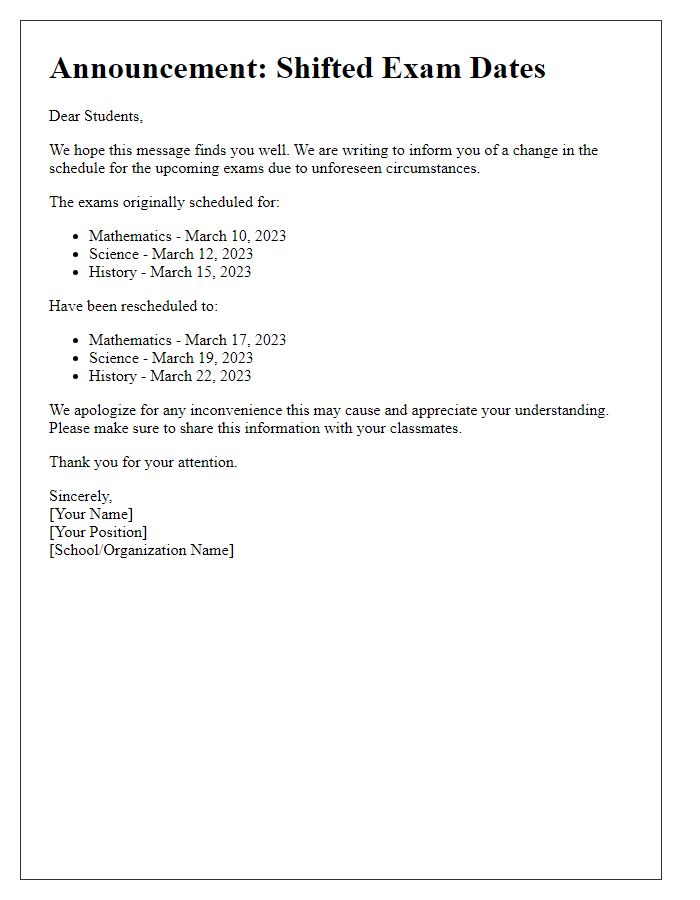 Letter template of shifted exam dates announcement