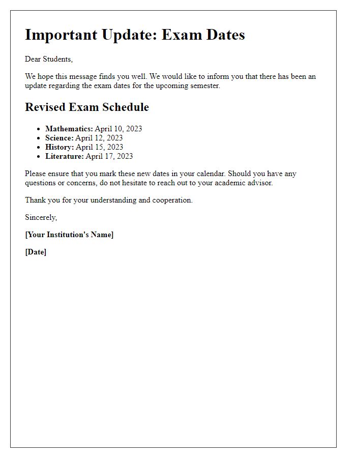 Letter template of updated exam dates communication