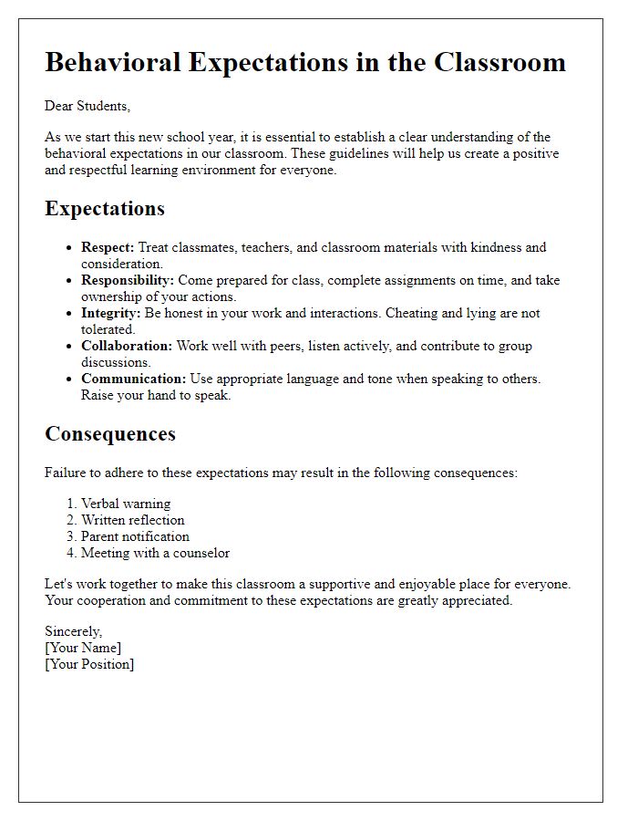 Letter template of behavioral expectations outline for classrooms.