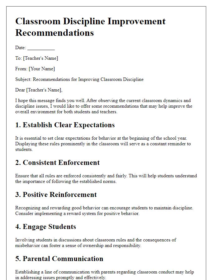 Letter template of classroom discipline improvement recommendations.