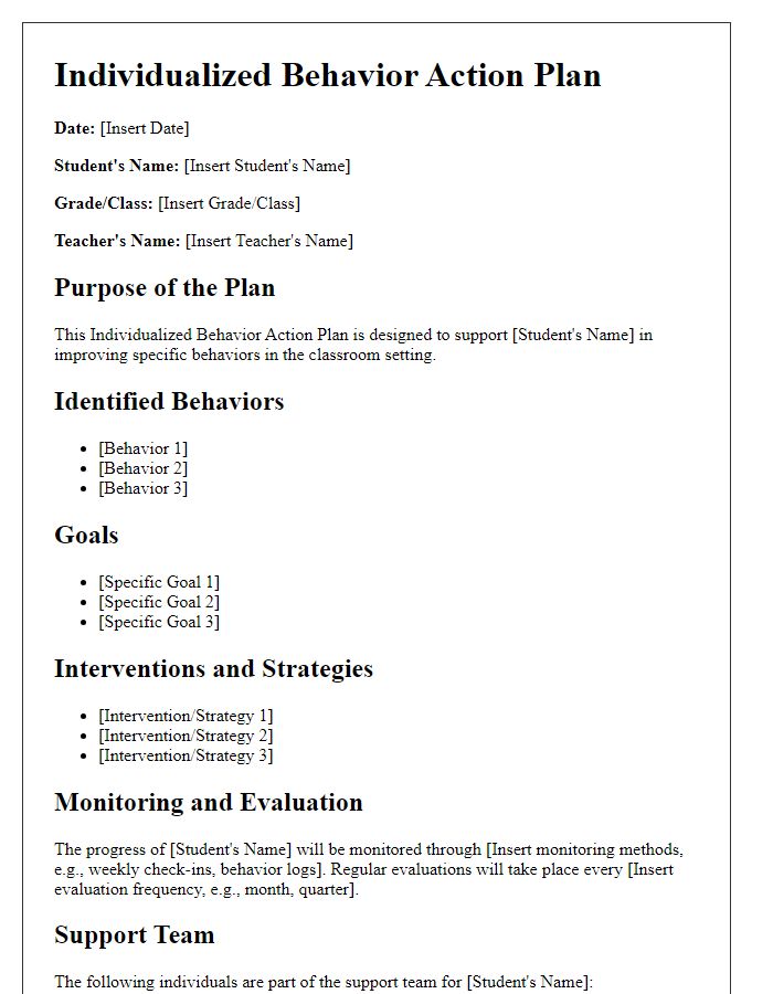 Letter template of individualized behavior action plan for learners.