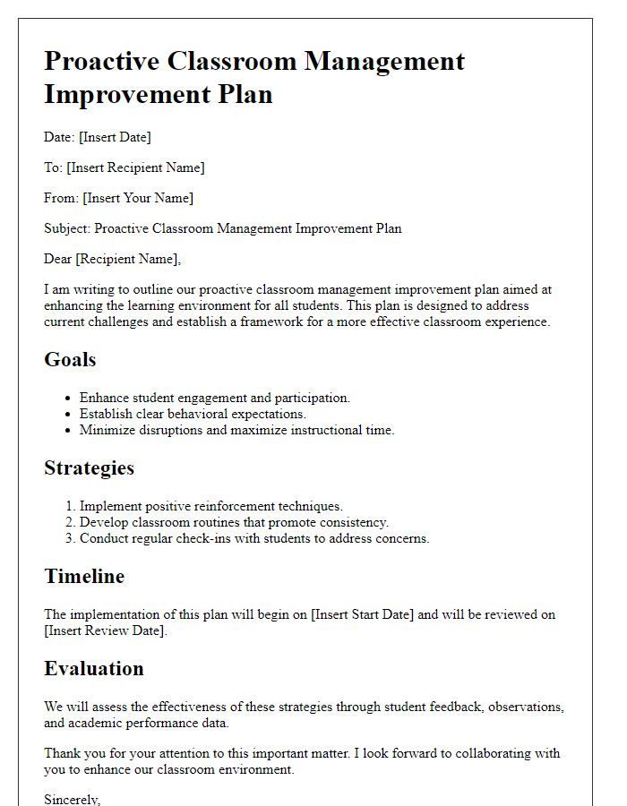 Letter template of proactive classroom management improvement plan.