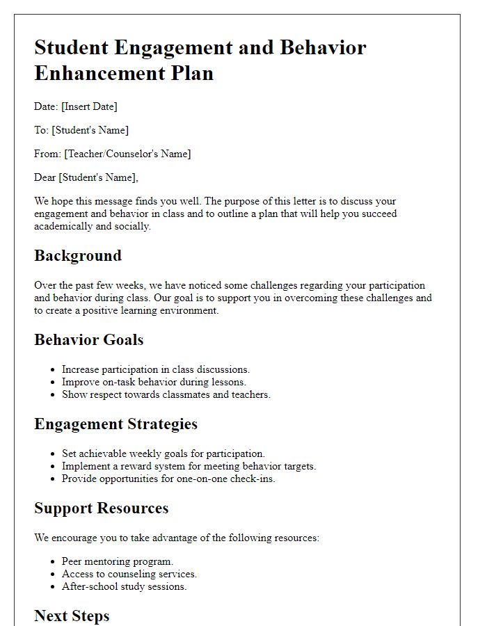 Letter template of student engagement and behavior enhancement plan.