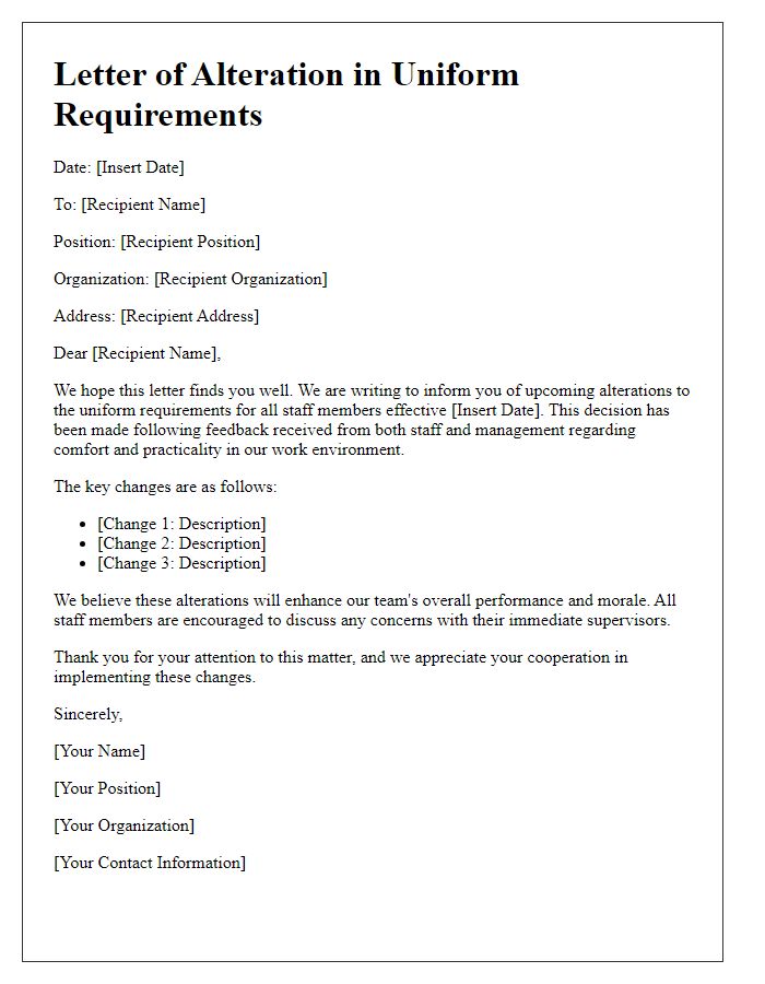 Letter template of alteration in uniform requirements