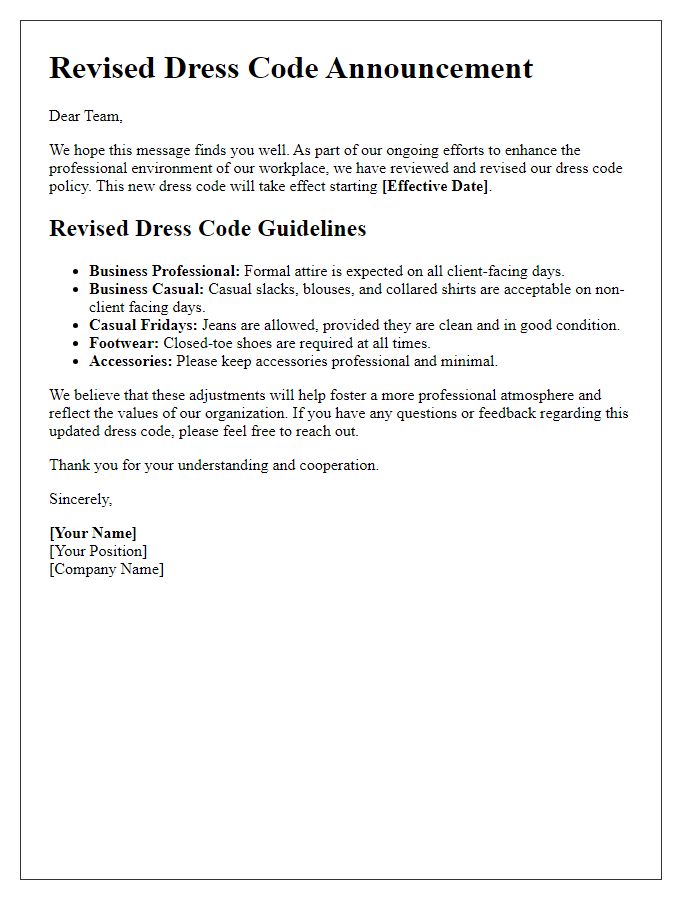 Letter template of revised dress code announcement