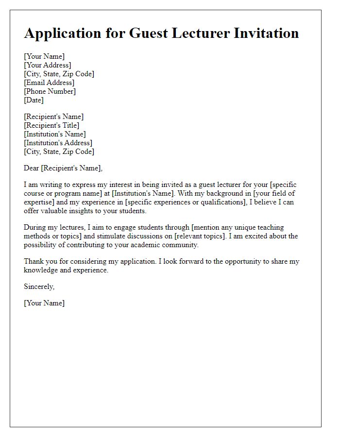 Letter template of application for a guest lecturer invitation.